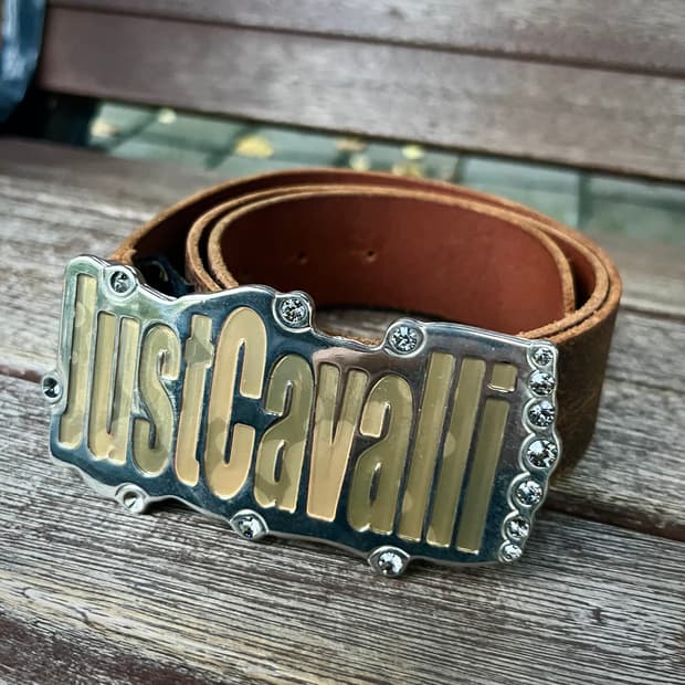 Just Cavalli 레터링 플레이트 리얼 레더 벨트