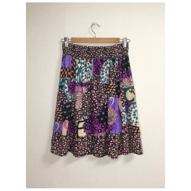 츠모리치사토 에스닉 패치 퍼플 밴딩 미디 스커트