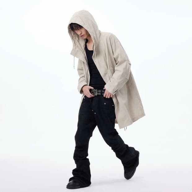 언더커버 베이지 사선 비대칭 드로스트링 후디코트