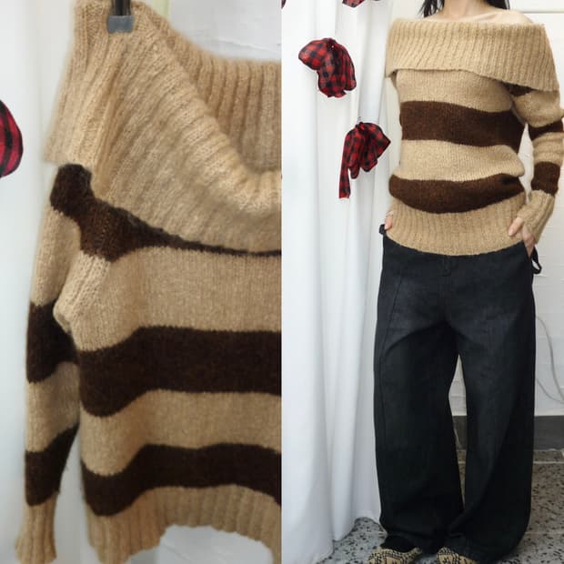 Mocha stripe off-shoulder knit