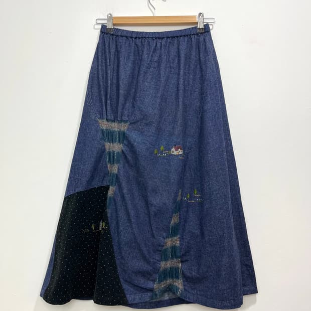 일본빈티지 모리걸 골덴 패치워크 자수 데님 롱스커트
