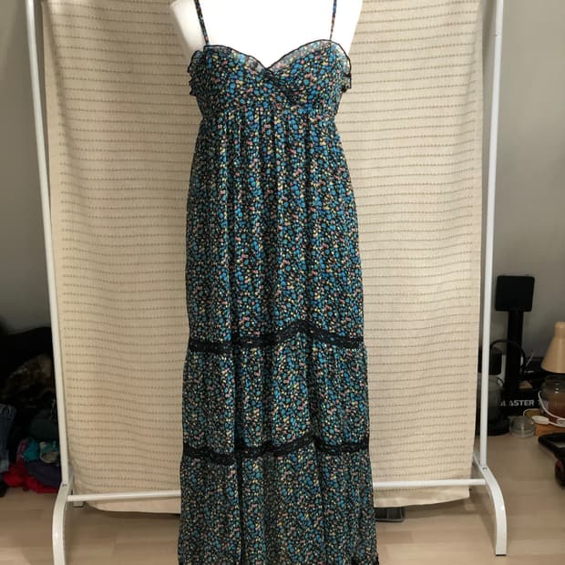 일본 빈티지 블루 플라워 패턴 플로럴 쉬폰 모리걸 롱 원피스