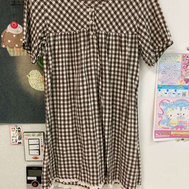 빈티지 모리걸 반팔 브라운 체크 원피스
