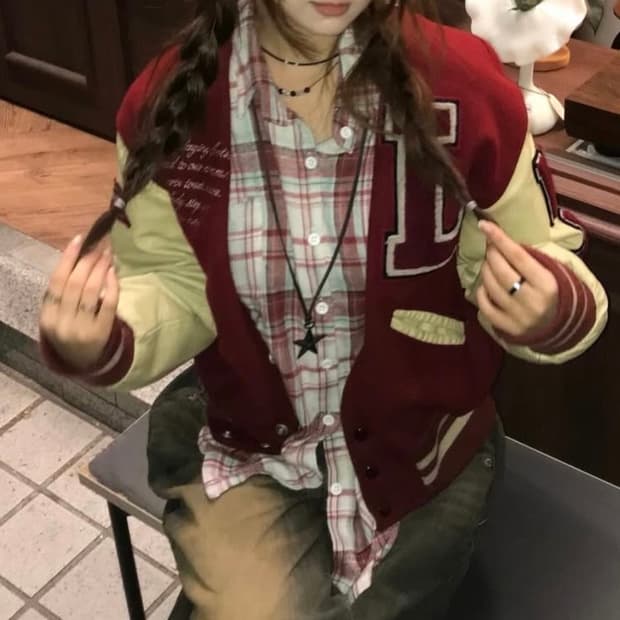 빈티지 버건디 패치 바시티 자켓 S