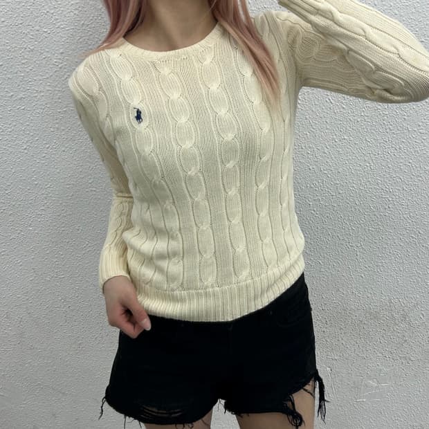 폴로 랄프로렌 네이비포니 바닐라 꽈배기 니트 XS