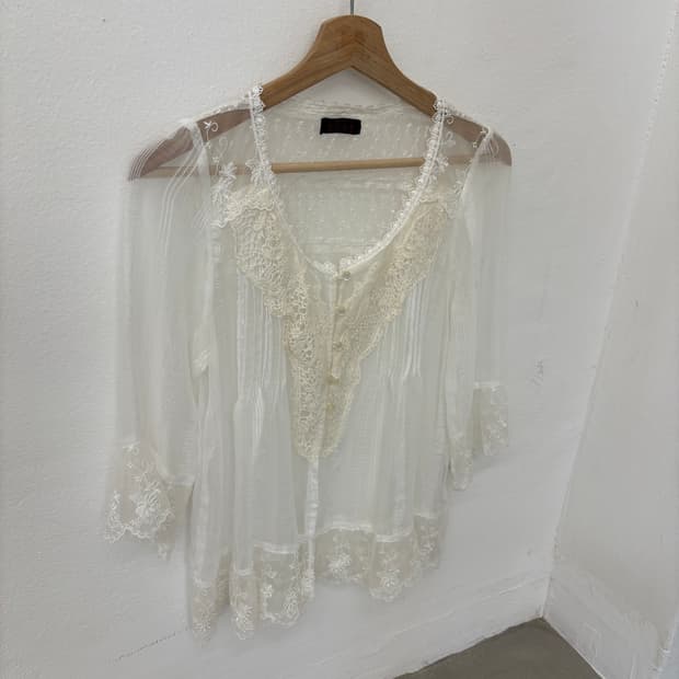 White Sheer Crochet Lace Pintuck Blouse