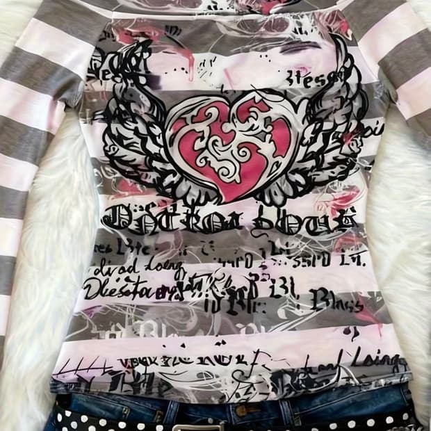 펑크 프린팅 오프숄더 긴팔티 