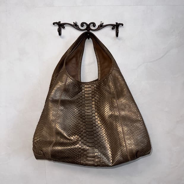 Metal gold real python skin big tote bag