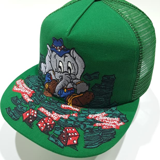 CL840 슈프림 그린 코끼리 & 카지노 자수 메쉬 트러커햇 모자
