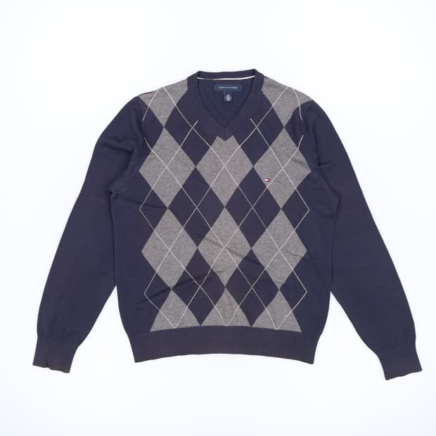 [S] 타미힐피거 아가일 체크 브이넥 니트 네이비 3938