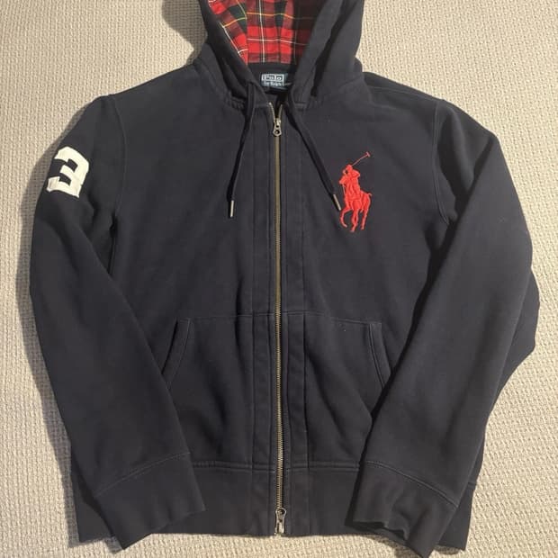 폴로 랄프 로렌 빅포니 네이비 체크 후드 집업