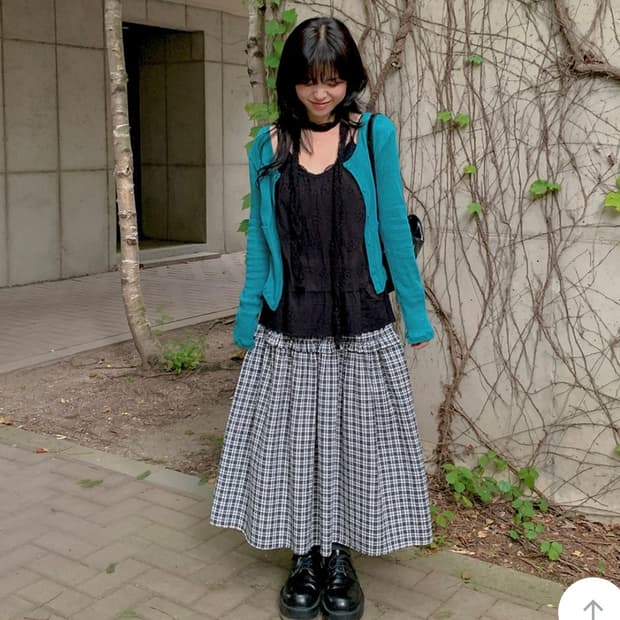 에이비글 체크 프릴 롱 스커트 (네이비)