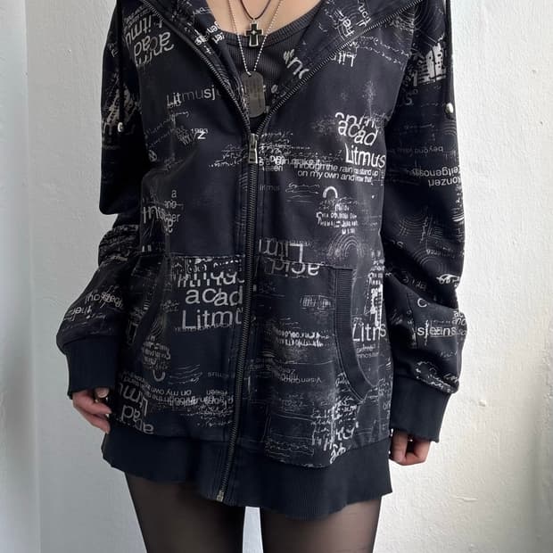Vintage Typography Print Hood Zip-Up