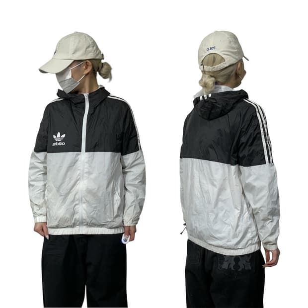 아디다스 블랙 화이트 삼선 후드 바람막이 자켓 M