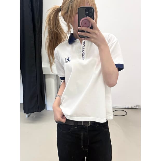 꾸레쥬 빈티지 링거 카라 반팔티