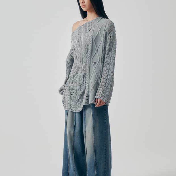 트리밍버드 원숄더 니트