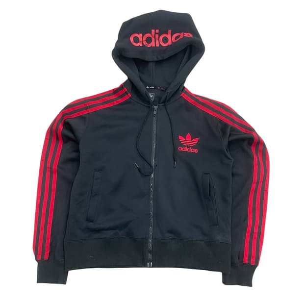 아디다스 블랙/레드 삼선 후드 져지