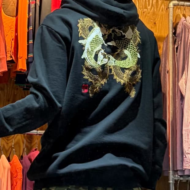 3XL Japan 잉어 자수 블랙 코튼 후드티