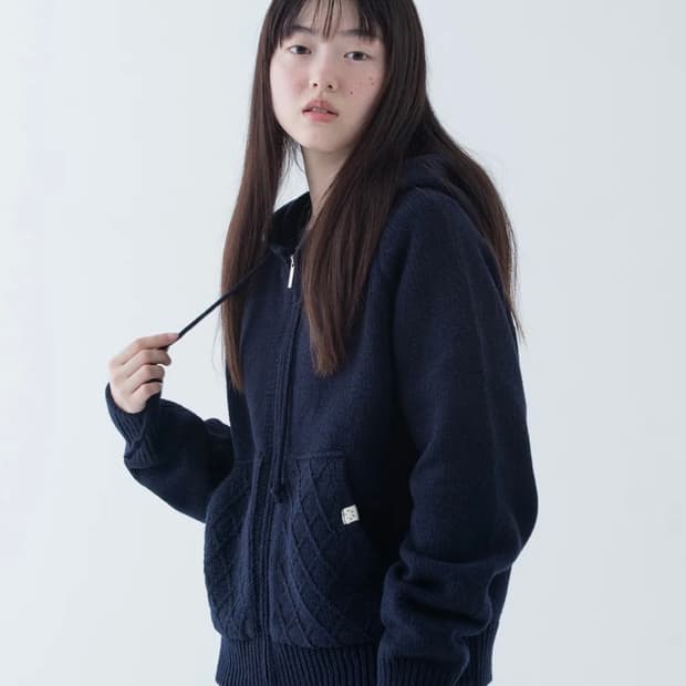 오헤시오 캐이블 니트 후드집업 네이비