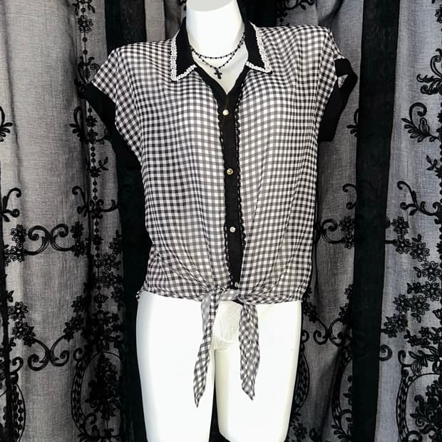 black gingham tie-front blouse