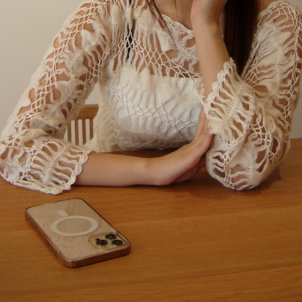 Michel Klein 그물 니트 시스루 뜨개 탑