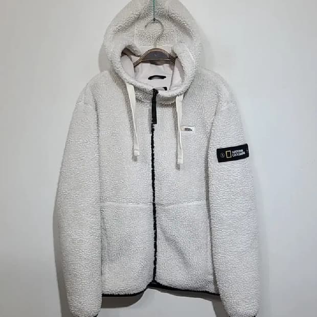 (L) 내셔널지오그래픽 후리스 와펜점퍼 화이트 뽀글이 플리스 자켓 