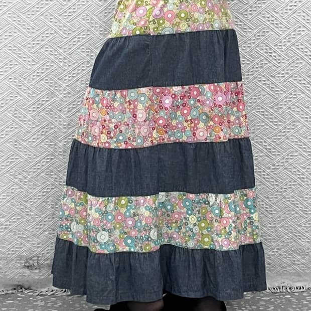  빈티지 모리 에스닉 히피 플라워 패치워크 롱스커트 26인치 C10440