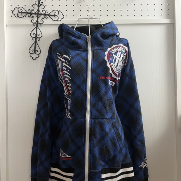 • Blue Check y2k Hooded Zip-Up