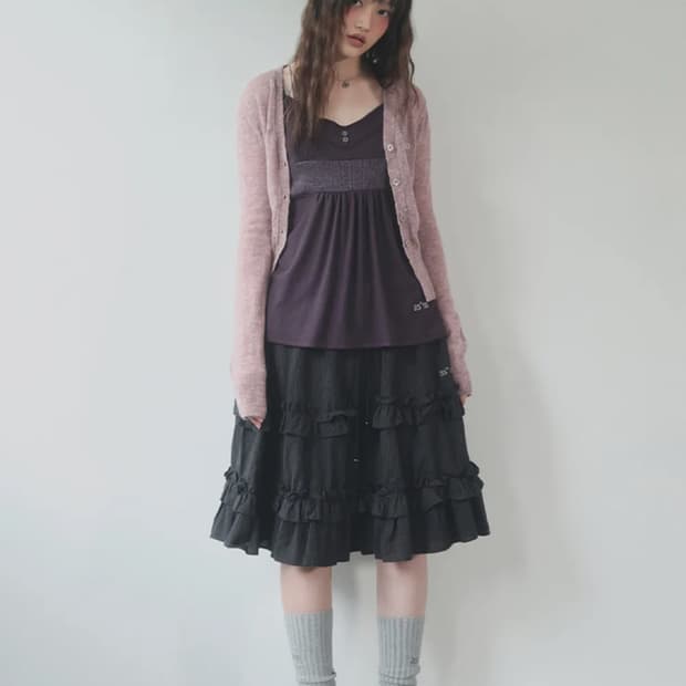 새상품) 애즈온 체크 캉캉 미디 스커트 블랙