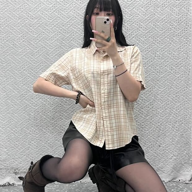 버버리 컨트리 레트로 빈티지 오트밀 반팔 체크 셔츠 XL C12383