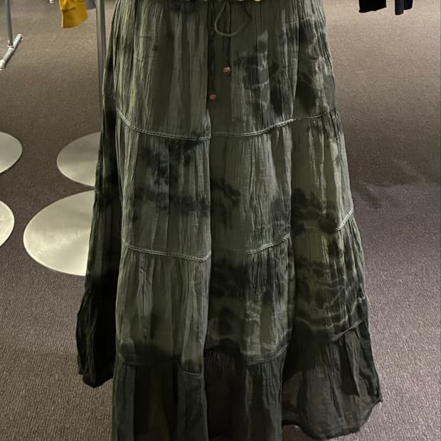 L)Japanese vintage 타이다이 패턴 올리브 그린 밴딩 롱스커