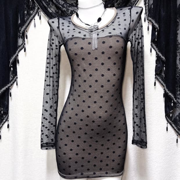 오네갸루 섹시 히메 도트 망사 시스루 미니원피스 드레스 핀터 시부야 펑크