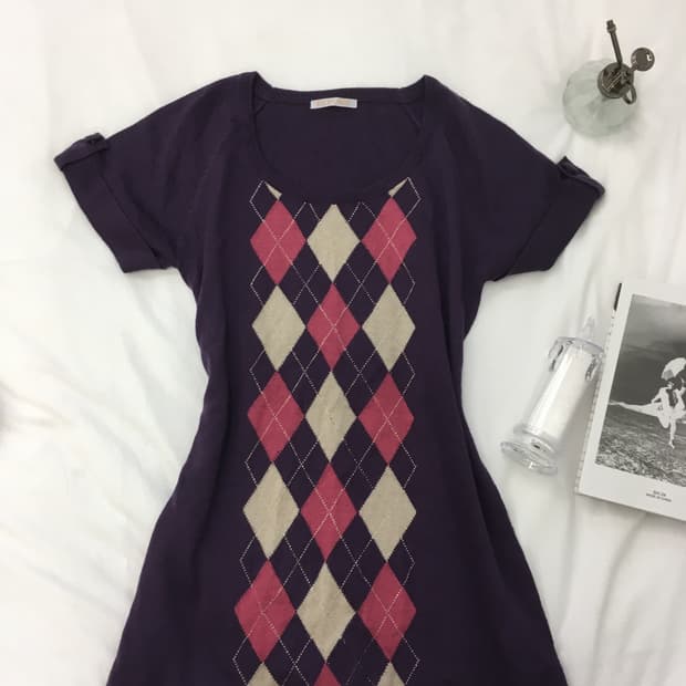 빈티지 퍼플 아가일 반팔 니트 y2k 스트릿 갸루 펑키 일본빈티지