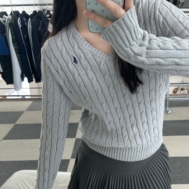 폴로 랄프로렌 그레이 V넥 케이블 니트 