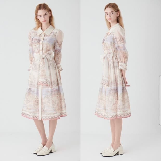 샤틴 셔츠카라 프린트 원피스