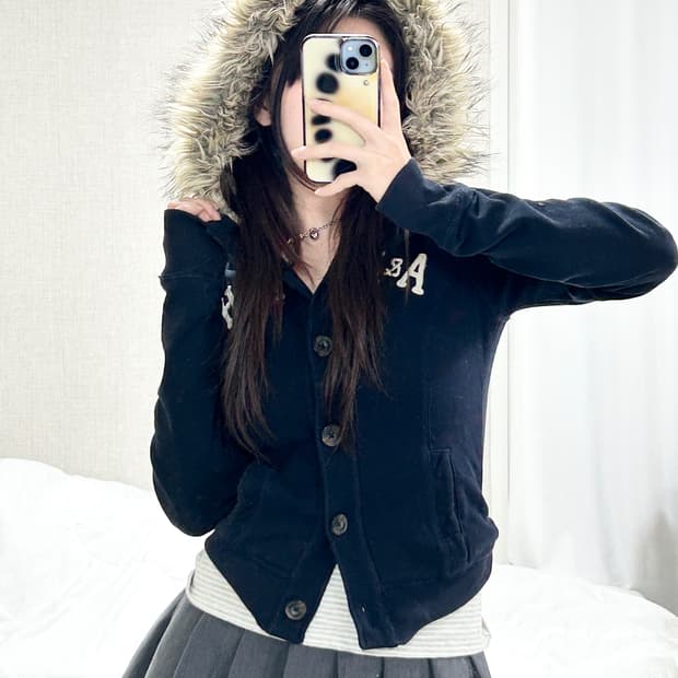 아베크롬비 다크네이비 울프죠 버튼 후드집업