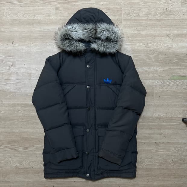 아디다스 트레포일 로고 퍼후드 패딩 점퍼 [블랙] M/95