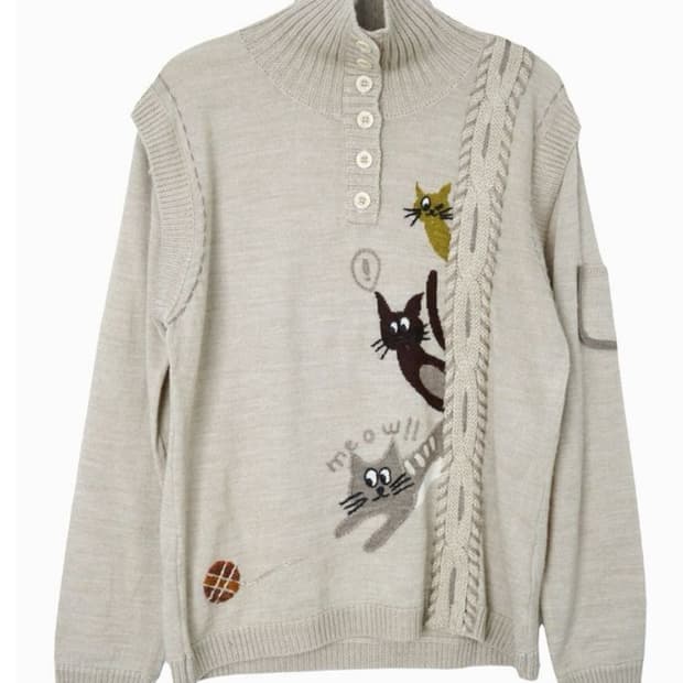 Japanese vintage 베이지 고양이 버튼 니트