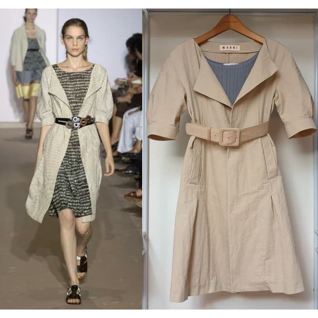 MARNI 마르니 쇼라인 오픈카라 입체소매 벨티드 원피스 트렌치 코트