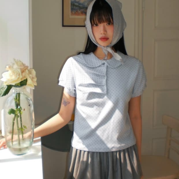 원더원더 폴랏 도트 핀턱 카라 반팔 티셔츠