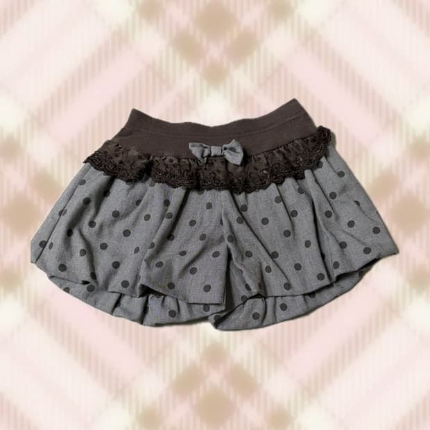 브라운 그레이 도트 땡땡이 리본 레이스 벌룬 큐롯 스커트 치마 라떼 갸루