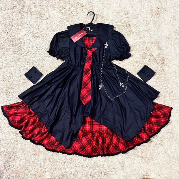 바디라인 블러드스톰 레드체크로리타원피스 체인 고스로리