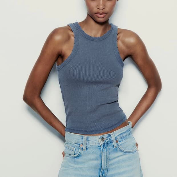 자라 워시드 리브드 티셔츠 블루 S