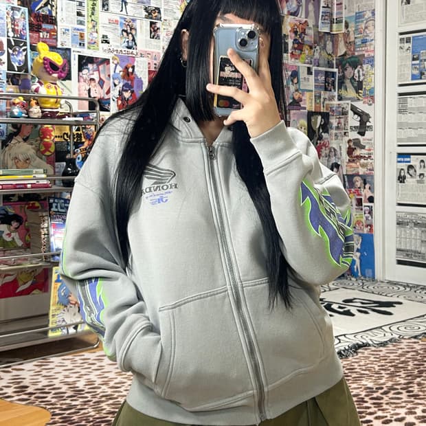 홀리스터X혼다 스트릿 프린팅 그레이 오버핏 후드집업