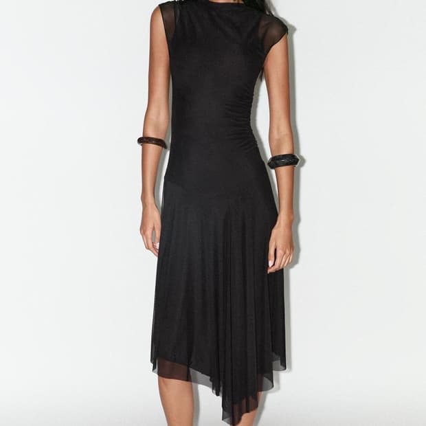 Zara 셔링 튤 미디 원피스 블랙 S