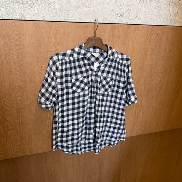 빈티지 반팔 체크 블라우스 오픈 카라 하프 버튼업 디테일 네이비 k68