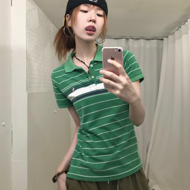 아베크롬비 스트라이프 그린 피케 반팔 티셔츠