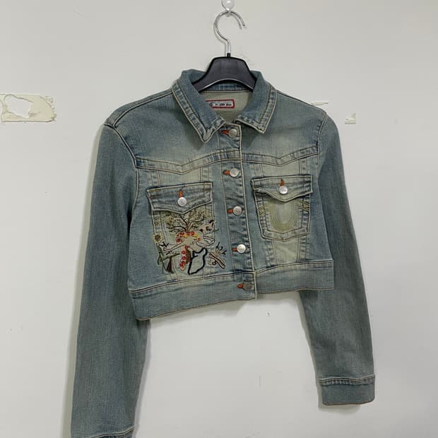 joy jean 자수 크롭 데님 청자켓