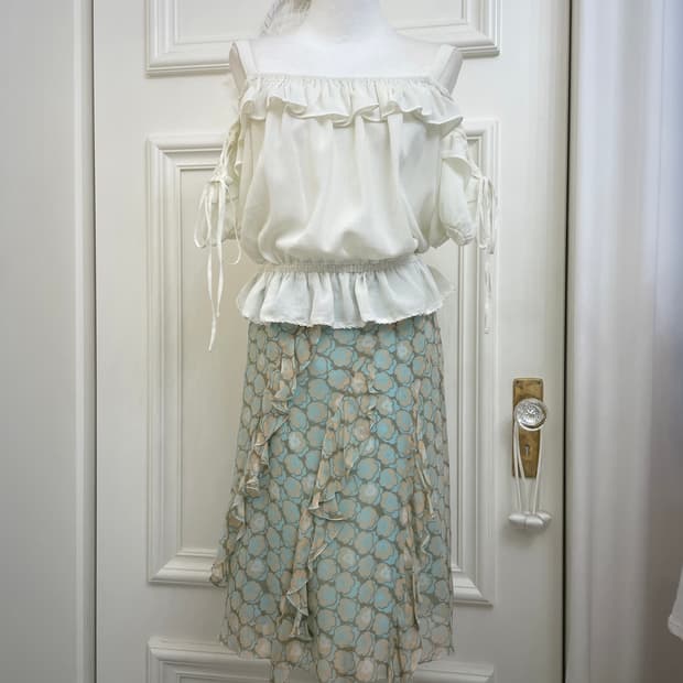 cream lace-up off shoulder ruffle blouse