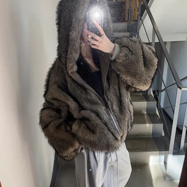 브라운 후드 퍼자켓